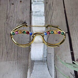 Multi Color Rhinestone Eyeglass Brooch, Shiny Smooth Gold Tone Metal